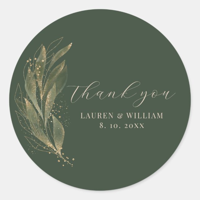Greenery Gold Leaf Wedding Thank You Classic Round Sticker (Front)