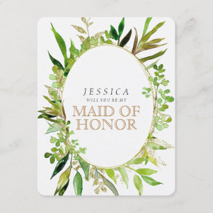 Greenery & Gold Leaf Will You Be My Maid of Honour Invitation