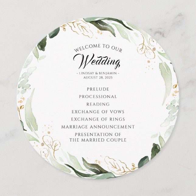 Greenery Gold Leaves Elegant Wedding Program Programme (Front)