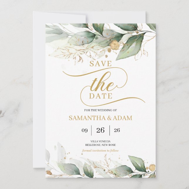 Greenery gold leaves eucalyptus save the date invitation (Front)