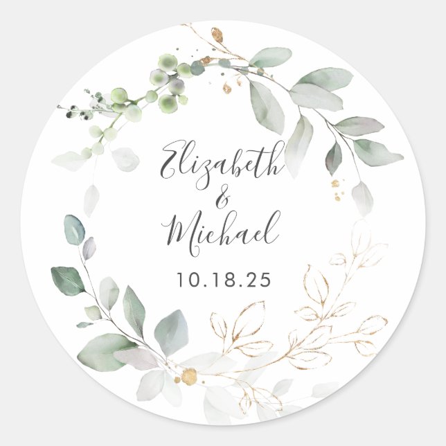 Greenery Gold Leaves Foliage Wreath Classic Round Sticker (Front)