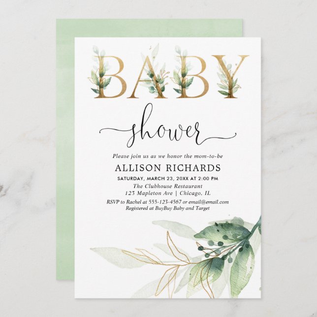 Greenery gold leaves gender neutral baby shower invitation (Front/Back)