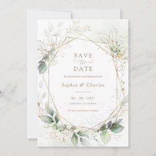 Greenery Gold Leaves Geometric Wedding Save Date Invitation