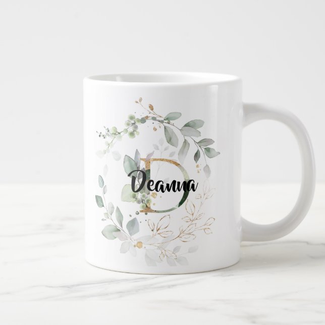 Greenery Gold Leaves Monogram Initial 'D' Name Large Coffee Mug (Right)