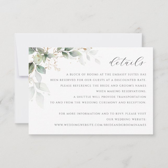 Greenery Gold Leaves Watercolor Modern Details Invitation (Front)