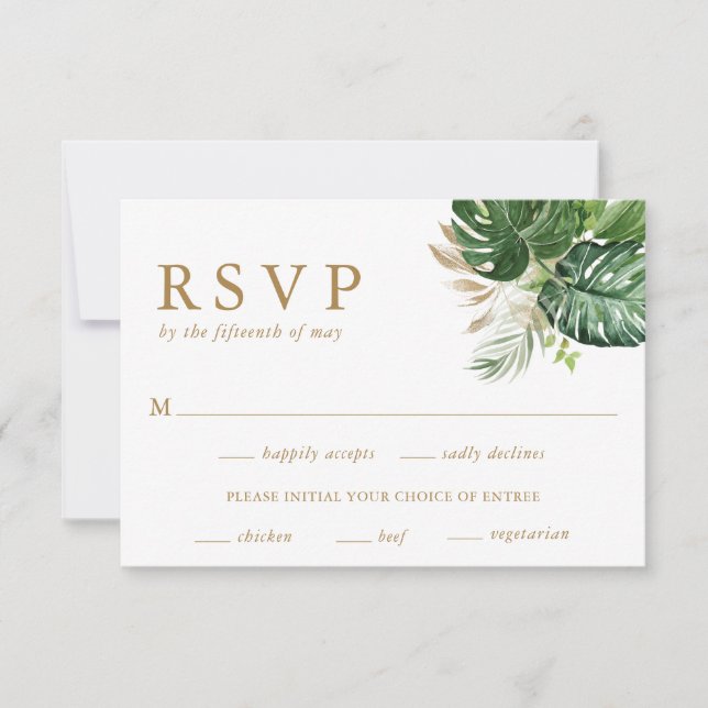 Greenery Gold Modern Tropical Wedding RSVP Card (Front)