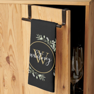 Greenery Gold Monogram Chic Script Black Tea Towel