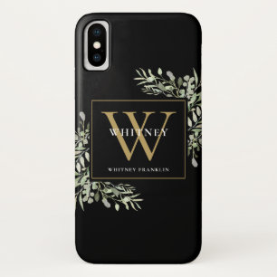 Greenery Gold Monogram Elegant Modern Black Case-Mate iPhone Case