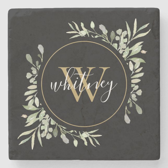 Greenery Gold Monogram Elegant Script Black Stone Coaster (Front)