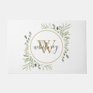 Greenery Gold Monogram Girly Script Doormat