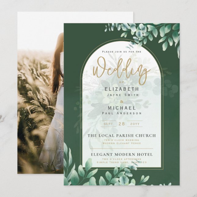 Greenery Gold PHOTO Wedding Invite LeahG (Front/Back)