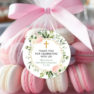 Greenery gold pink elegant first communion baptism classic round sticker