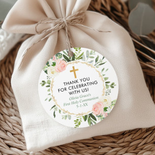Greenery gold pink elegant first communion baptism favour tags