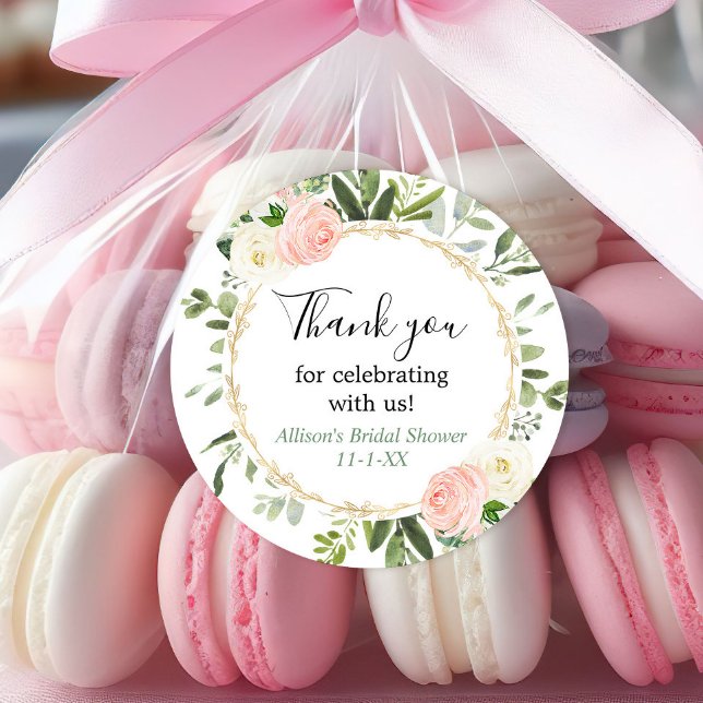 Greenery gold pink eucalyptus bridal shower classic round sticker (Creator Uploaded)