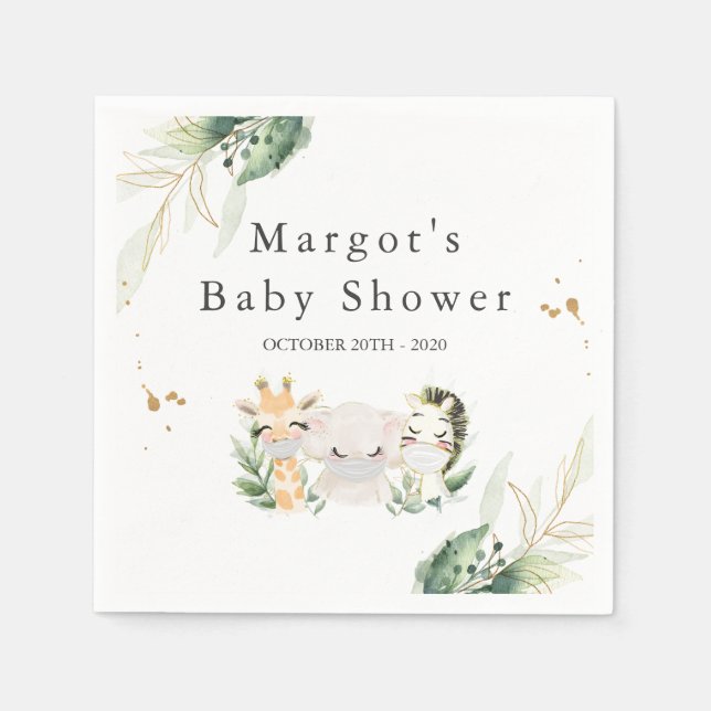 Greenery Gold Safari Animal Drive By Baby Shower Napkin (Front)