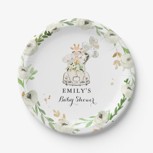 Greenery Gold Safari Animals Drive By Baby Shower Paper Plate (Front)