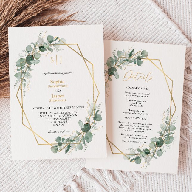 Greenery Gold Simple Monogram All In One Wedding Invitation (Creator Uploaded)