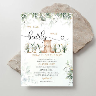 Greenery Gold Teddy Bear Baby Shower Invitation