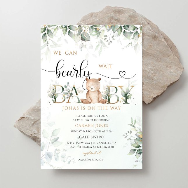 Greenery Gold Teddy Bear Baby Shower Invitation (Creator Uploaded)