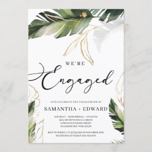 Greenery gold tropical leaves summer engagement invitation
