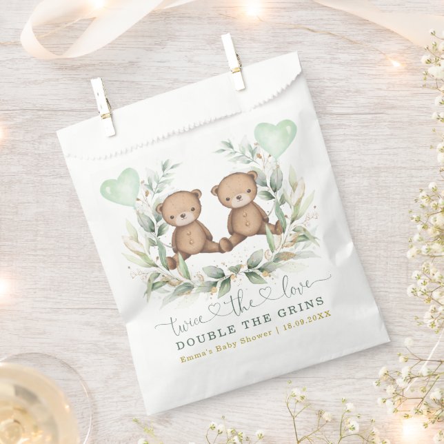 Greenery Gold Twin Teddy Bear Balloon Baby Shower Favour Bags (Clipped)