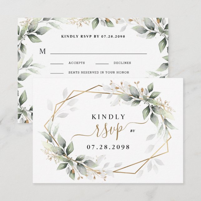 Greenery & Gold Two 2 Meal Choice Rustic Wedding RSVP Card (Front/Back)