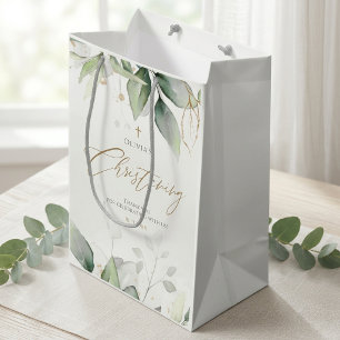 Greenery Gold Watercolor Christening Medium Gift Bag