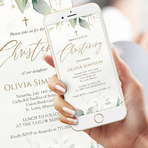 Greenery Gold Watercolor Christening Mobile Invite