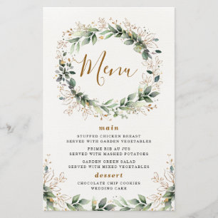 Greenery Gold Watercolor Leaf Wedding Menu Cards