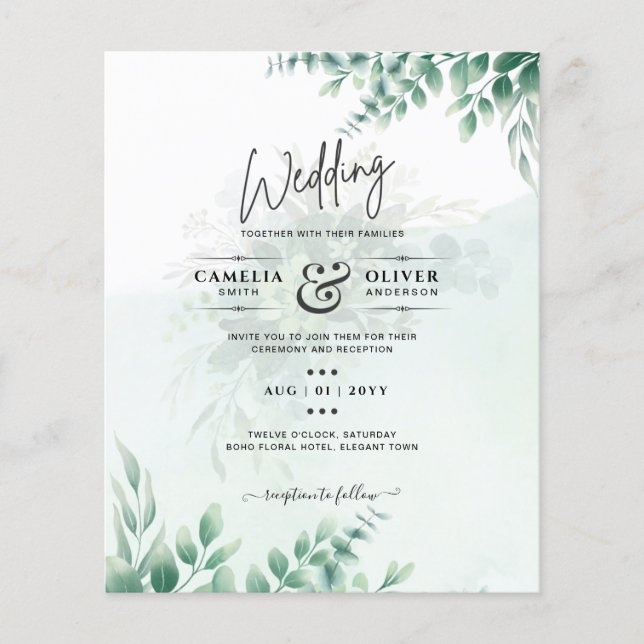 Greenery Gold Wedding Eucalyptus Leaves QR CODE Flyer (Front)