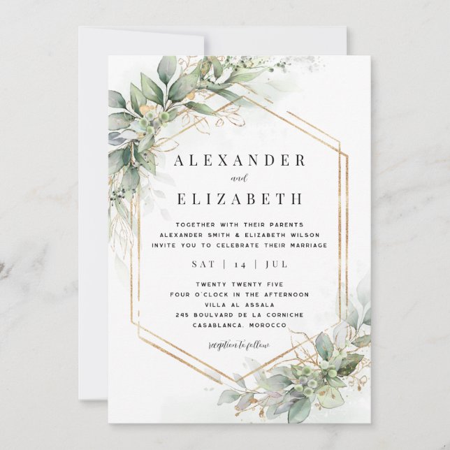Greenery & Gold Wedding Invitation (Front)