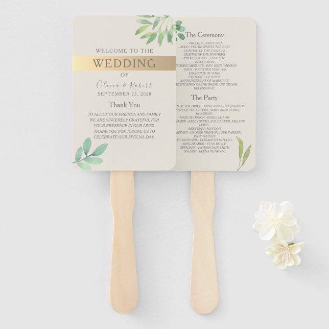 Greenery Gold Wedding Program Fan (Front and Back)