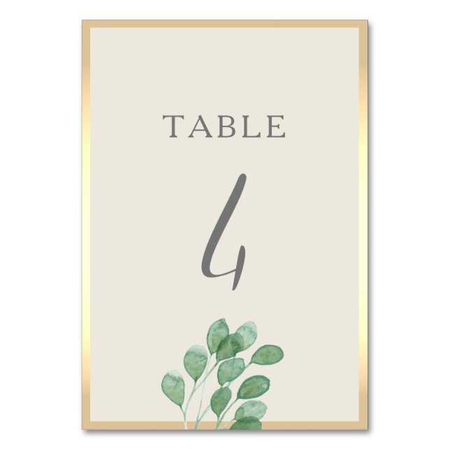 Greenery Gold Wedding Table Number Card (Front)