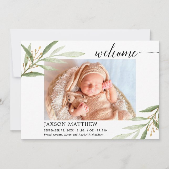 Greenery gold welcome baby birth announcement (Front)