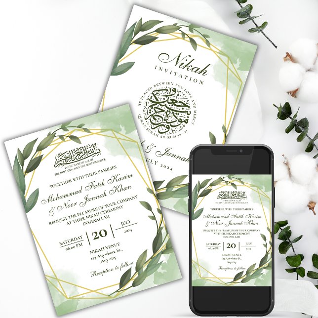 Greenery Gold White Muslim Wedding Nikah Invitation (Creator Uploaded)