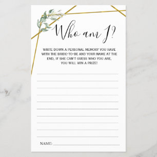 Greenery Gold Who am I? Bridal Shower game card