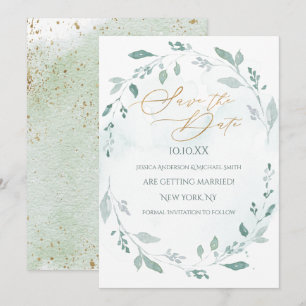 Greenery Gold Wreath Watercolor Save the Date Invitation
