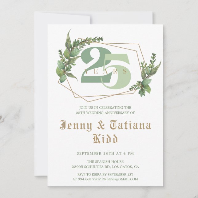 Greenery Golden Frame 25th Wedding Anniversary  Invitation (Front)