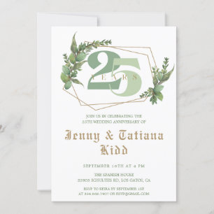Greenery Golden Frame 25th Wedding Anniversary  Invitation