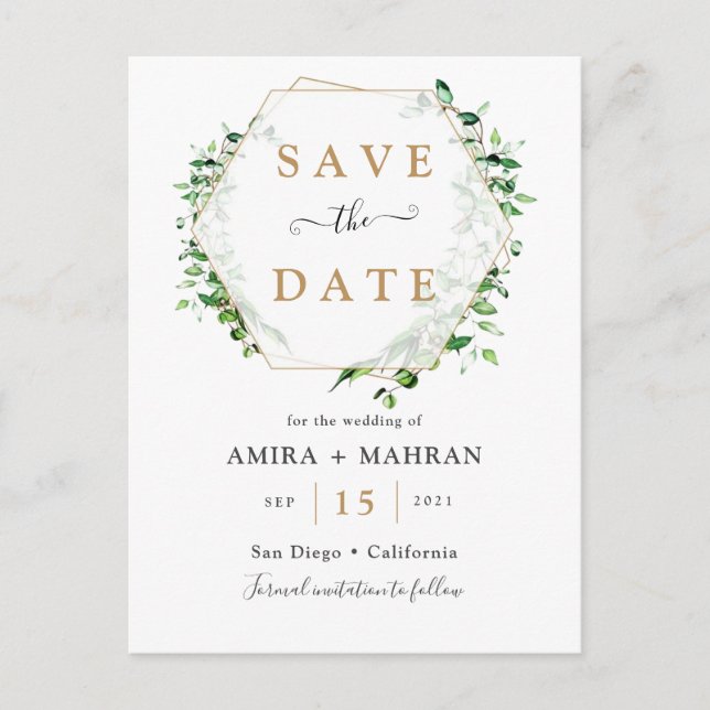 Greenery Golden Frame Save the Date Postcard (Front)