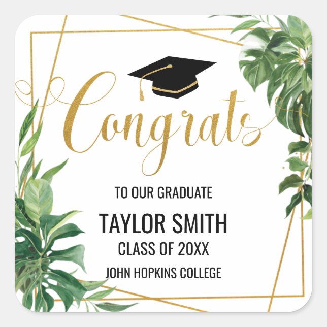 Greenery Graduation Modern Gold Geometric  Square Sticker (Front)
