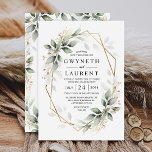 Greenery Green and Gold Geometric Rustic Wedding<br><div class="desc">Design features watercolor airy mixed greenery foliage and branches in various shades of green with printed gold design leaf elements over a gold coloured geometric frame.</div>