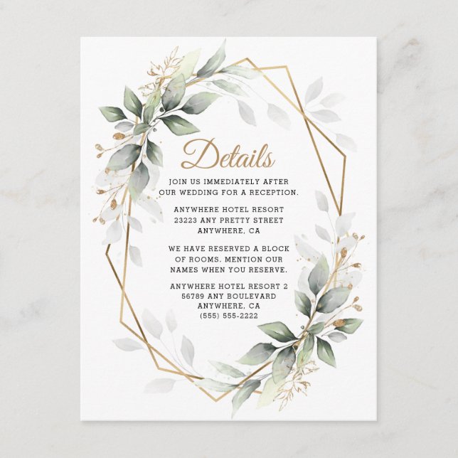 Greenery Green and Gold Geometric Rustic Wedding Enclosure Card (Front)