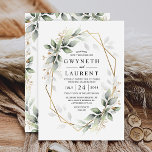 Greenery Green and Gold Geometric Rustic Wedding Invitation<br><div class="desc">Design features watercolor airy mixed greenery foliage and branches in various shades of green with printed gold design leaf elements over a gold coloured geometric frame.</div>