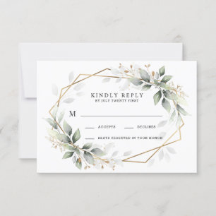 Greenery Green and Gold Geometric Rustic Wedding RSVP Card