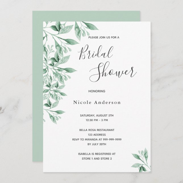 Greenery green botanical script Bridal Shower Invitation (Front/Back)