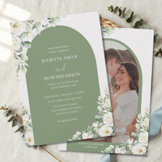 Greenery Green Floral Botanical Photo Wedding Invitation
