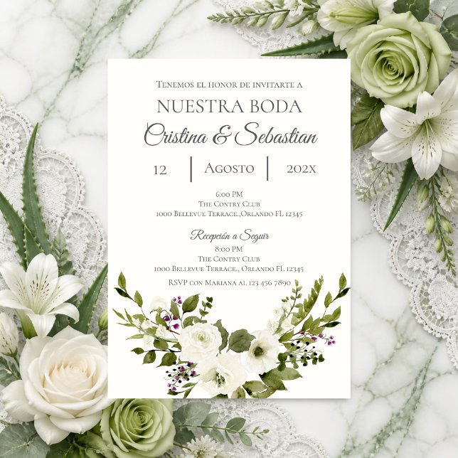 Greenery Green Floral Wedding invite in Spanish (Creator Uploaded)