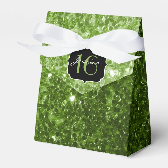 Greenery Green glitter sparkles Sweet 16 Favour Box (Front Side)
