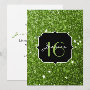 Greenery Green glitter sparkles Sweet 16 Invite